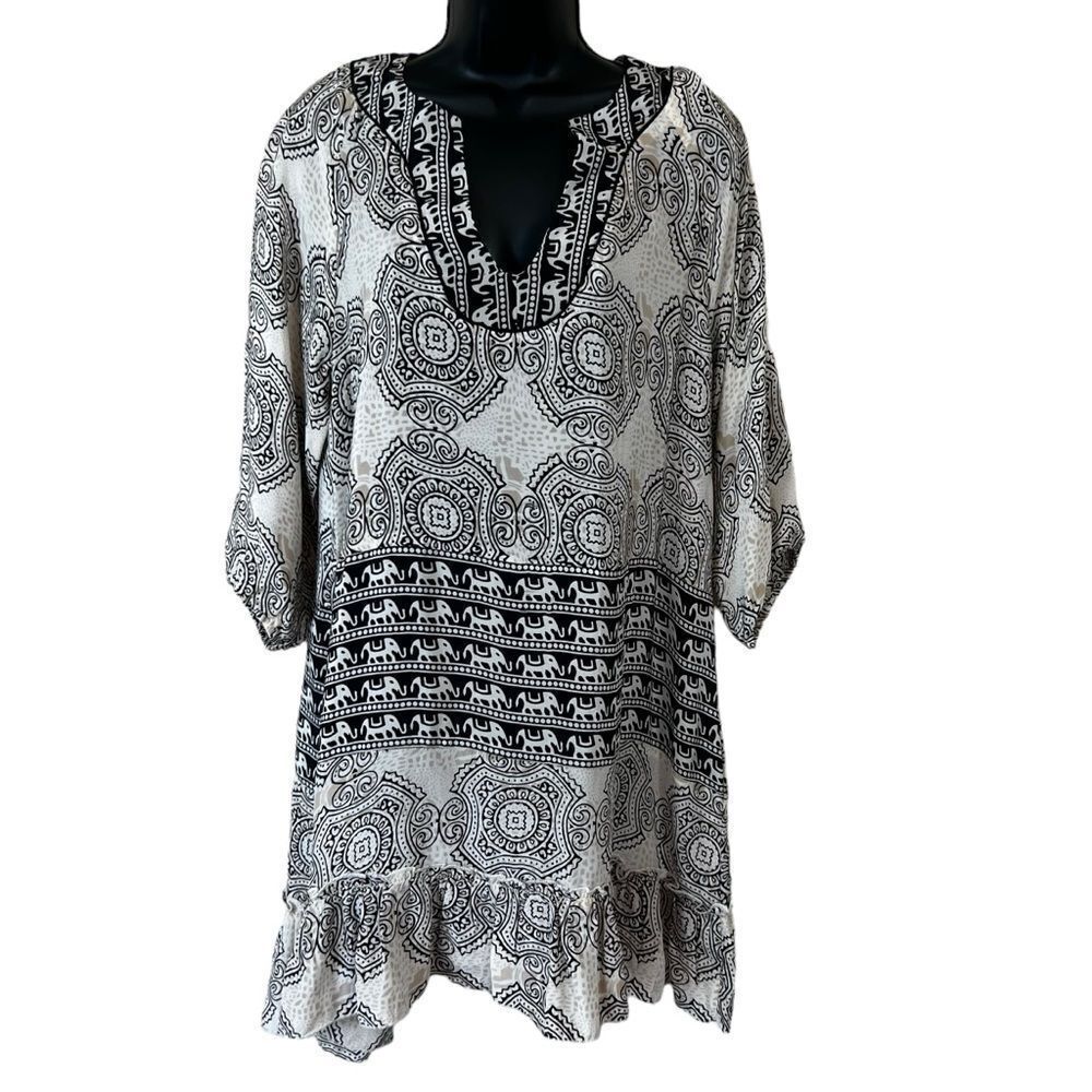 Tolani 100% Silk Boho Tunic Top Black/White Balinese Print